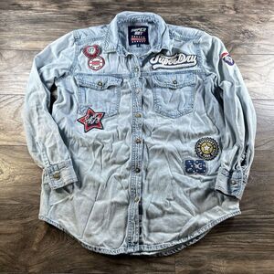 Superdry Shirt Womens XS Light Blue Denim‎ Faded Patches Button Up Jean Shacket